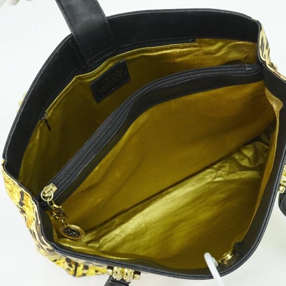 GIANNI VERSACE Leopard PVC Shoulder Tote Bag Yellow Black Gold - Picture 4 of 15